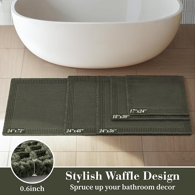 RESARE Waffle Bathroom Runner Rugs, Super Absorbent Bath Mat Non Slip Washable Quick Dry, Upgraded Ultra Soft Boho Bath Rugs with Tassels for Hallway Bedroom Laundry Room, 2'x6'(24"x72"), Green