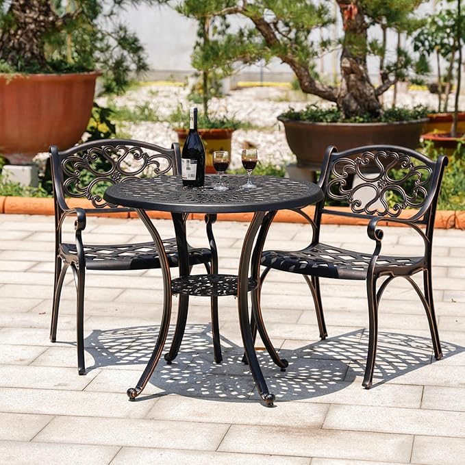 Cast Aluminum Patio Dining Set, Outdoor Bistro Set, 31.5" Round Outdoor Dining Table with Umbrella Hole, 2 Bistro Chairs for Yard Porch Garden Balcony
