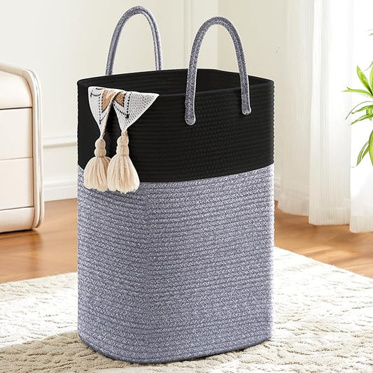 Laundry Basket,Woven Cotton Rope Laundry Hamper,Versatile Storage for Dirty Clothes,Baby Toys,and Blankets in Bathroom, Nursery,and Living Room (Black, 60L)