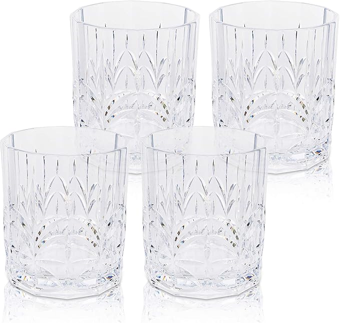 BELLAFORTE Tritan Plastic Whiskey Glasses Set of 4, 13oz Unbreakable Wine Glasses, Shatterproof Crystal Cut Drinking Glasses for Old Fashioned, Cocktails - BPA Free - Dishwasher Safe - Clear