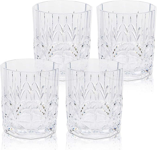 BELLAFORTE Tritan Plastic Whiskey Glasses Set of 4, 13oz Unbreakable Wine Glasses, Shatterproof Crystal Cut Drinking Glasses for Old Fashioned, Cocktails - BPA Free - Dishwasher Safe - Clear