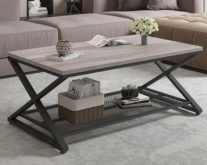 LVB Gray Coffee Table with Storage, Farmhouse Metal Wood 2 Tier Center Table for Living Room, Industrial Wooden Rectangular Concrete Tables with Mesh Shelf for Office Bedroom, 39 inch, Light Grey Oak