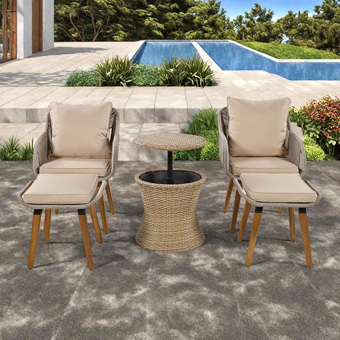 5-Piece Patio Conversation Sofa Set, Rope-Woven Furniture Set with Rattan Cool Coffee Table, Outdoor Furniture Setwith 2 Footstools for Garden, Backyard, Balcony, Brown