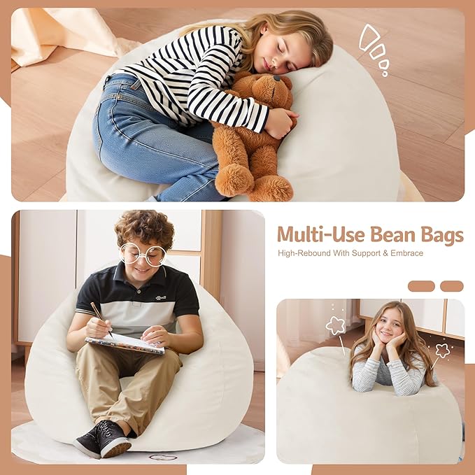 Homguava 2FT Bean Bag Chair: 2' Bean Bags with Memory Foam Filled,Comfy Beanbag Chairs Round Bean Bag Sofa with Dutch Velvet Cover-Beige