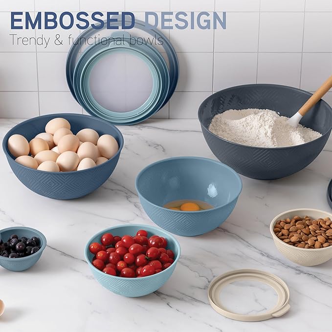 COOK WITH COLOR Mixing Bowls with Lids - 12 Piece Plastic Nesting Bowls Set includes 6 Prep Bowls and 6 Lids, Rhombus Design - Microwave Safe (Blue)