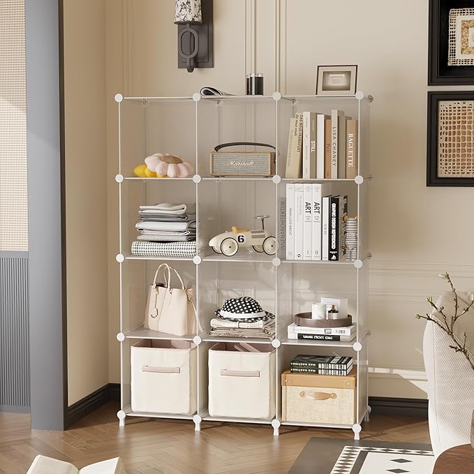 AWTATOS Cube Storage Organizer, Closet Organizers and Storage, 12 Cube Shelves Bookshelf, DIY Stackable Plastic Clothes Organizer Shelving for Bedroom, Home, Transparent Twill