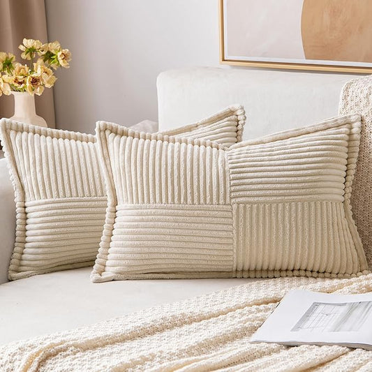 MIULEE Decorative Lumbar Throw Pillow Covers for Couch Bed Livingroom 12x24 Inch Set of 2 Beige Boho Accent Throw Pllows Broadside Striped Patchwork Soft Corduroy Pillowcases