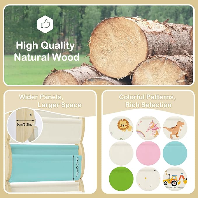 Wooden Wall Mounted Bookshelf for Kids Rooms, 4 Tier Floating Nursery Book Shelf, Kids Bookshelf with 2 Pockets, Toddler Sling Book Rack with Deep Sleeves (Blue)