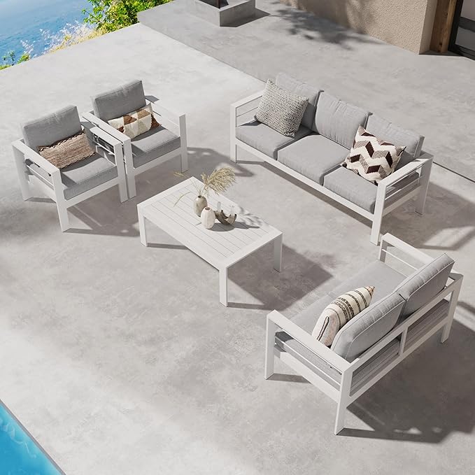 Wisteria Lane Aluminum Outdoor Patio Furniture Set, 7 Seats Modern Patio Conversation Sets, Outdoor Sectional Metal Sofa with 5 Inch Cushion and Coffee Table for Balcony, Garden, Light Grey