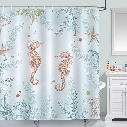 Bonhause Coastal Seahorse Shower Curtain, Blue Ocean Beach Starfish Coral Underwater Bathroom Curtain 72 x 72 Inch Polyester Fabric Waterproof Bath Curtain with 12 Hooks