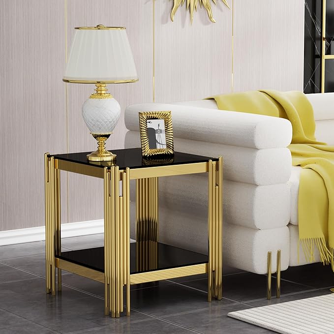 Goujxcy Modern Glass End Table Gold Sofa Side Table with Black Glass Top and Mirror Finish Stainless Steel Legs, Luxury Square Sofa Side Table Coffee Table Bedside Table for Living Room Bedroom (Gold)