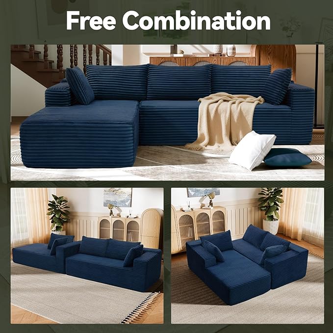 Modern Cloud Modular Sectional Sofa with Chaise, 106" L-Shaped Sofa Couch for Living Room, Deep Seat Plush Boneless Couches, Includes Pillows, Right Chaise, Blue