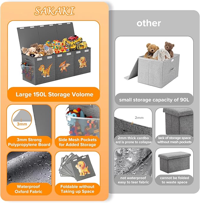 Extra Large Toy Box Chest, Collapsible Sturdy Toy Storage Organizer Boxes Bins Baskets Dinosaur Kids Toy Chest Bin with Lids for Boys Girls Living Room Playroom Bedroom Nursery 41"x14"x16" Gray