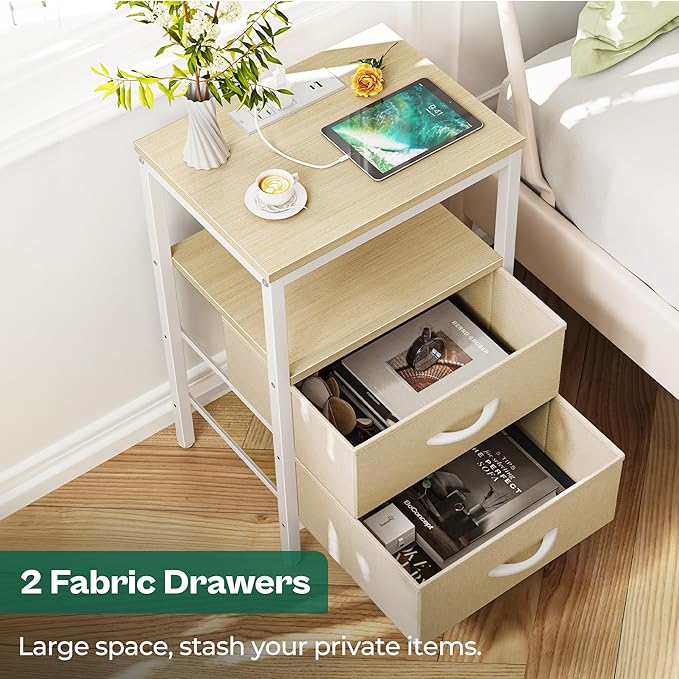 Huuger Nightstand with Charging Station, Side Table with Fabric Drawers, End Table with Open Shelf, Bedside Table with USB Ports and Outlets, Night Stand for Bedroom, White Marple