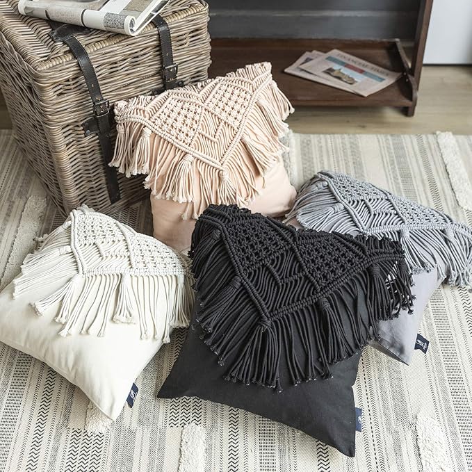 Phantoscope 100% Cotton Handmade Crochet Woven Boho Throw Pillow Farmhouse Pillow Insert Included Decorative Cushion for Couch Sofa Black 18 x 18 inches