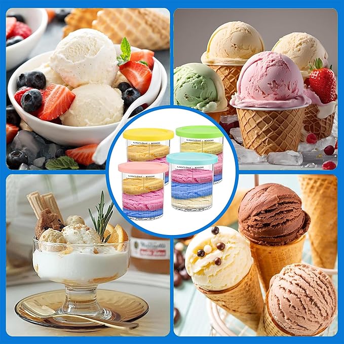4 Pack Ninja Creami Containers and Lids for, 16oz Creami Containers Compatible with NC299, NC300, NC301 Series Ninja Ice Cream Maker new, Replacement Cups Jars with Colorful Spoons & Scoop, BPA Free