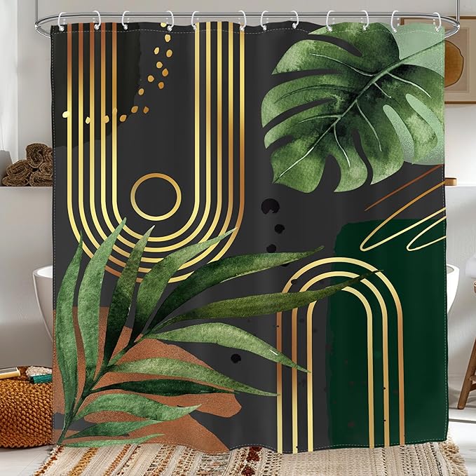 Glawry Dark Green Boho Shower Curtain Abstract Retro Mid Century Bathroom Minimalist Tropical Modern 72Wx72L Inches Bath Accessories Art Home Decor Fabric 12 Pack Hook