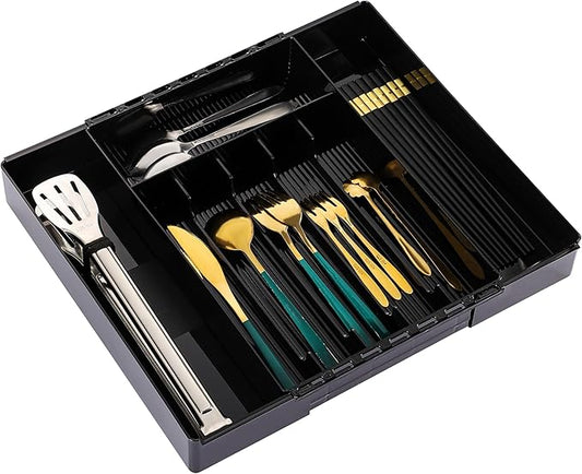 IEEK Silverware Organizer for Kitchen Drawers,Expandable Utensil Tray, Adjustable Cutlery and Flatware Holder,Plastic Drawer Dividers For Spoon Forks Knives Chopsticks Storage,Black-M