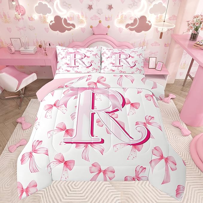 jejeloiu Kids Girls Cute Pink Bow Comforter Set Queen Size Monogrammed Bedding Set Ultra Soft Personalized Initial R Duvet Quilt Coquette Bow Knot Quilt Set Room Decor Modern Fashion Comforter