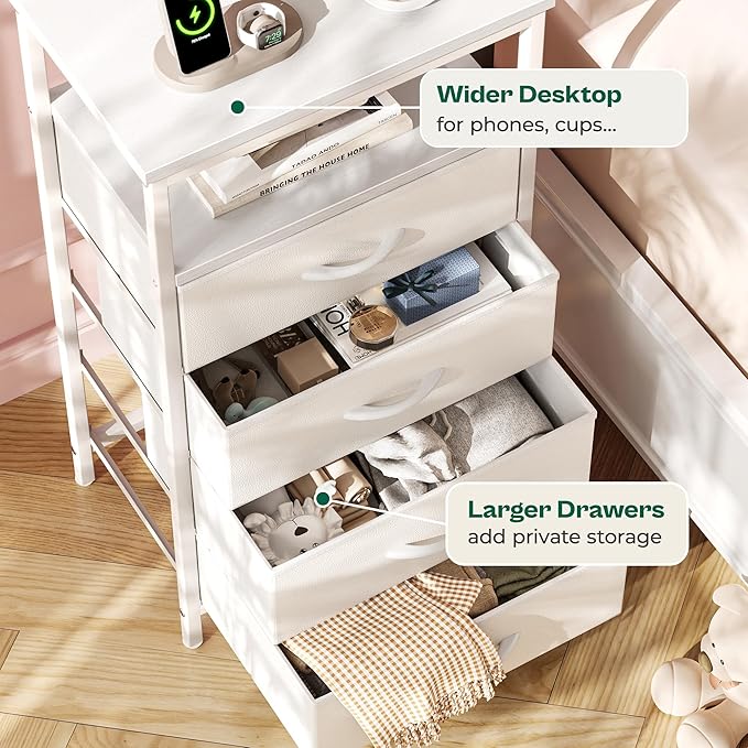 Huuger Night Stand with Charger Station and LED Lights, 4 Drawer Nightstand, Bed Side Table with Open Shelf, End Table, Fabric Dresser for Bedroom, PU Leather, White