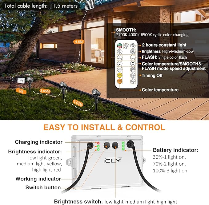 CLY Solar Landscape Spotlights, Solar Lights Outdoor IP66 Waterproof, Remote Control 2 Dynamic Modes 3 Brightness Adjustable 2700-6500K Auto On/Off 11M Cable for Garden Pathway Trees Flag 3 in 1