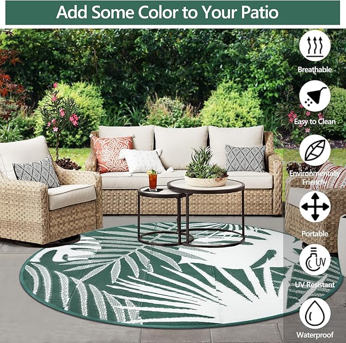 Waterproof Outdoor Rug 6x6 ft, Reversible Plastic Straw Mat with Leaf Pattern, Round Floor Mat for Patio, Camping, Picnic, Backyard RV, Deck, Dark Green