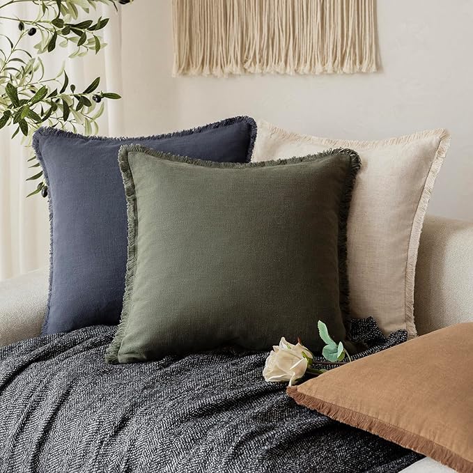 Foindtower Set of 2 Decorative Linen Fringe Throw Pillow Covers Cozy Farmhouse Cushion Cover with Tassels Accent Pillowcase for Couch Chair Sofa Bed Living Room Home Decor,18×18 Inch,Dark Olive Green