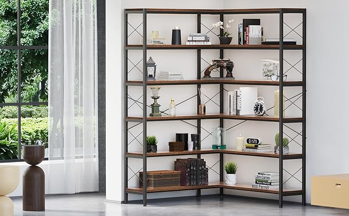 Corner Bookshelves and Bookcases Industrial Corner Etagere Bookcase L Shaped Shelf 6 Tiers with Metal Frame for Living Room Home Office