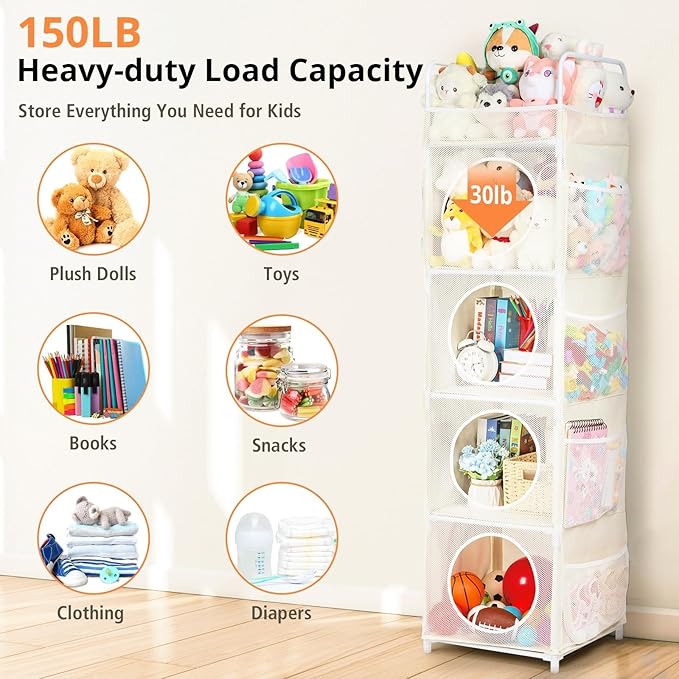 Stuffed Animal Storage, 5 Tier - 8 Side Pockets Toy Storage Organizer, 63.8" Space-Saving Corner Storage for Kids' Bedroom & Playroom, Ivory