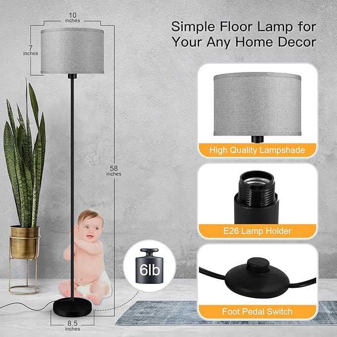 Floor Lamp Standing Lamp, Modern 58" Tall Lamp with Grey Lampshade, Simple Short Floor Lamp for Bedroom, Pedal Switch, Black Small Pole Lamps for Kid Room/Office/Reading Room(E26 Base, NO Bulb)