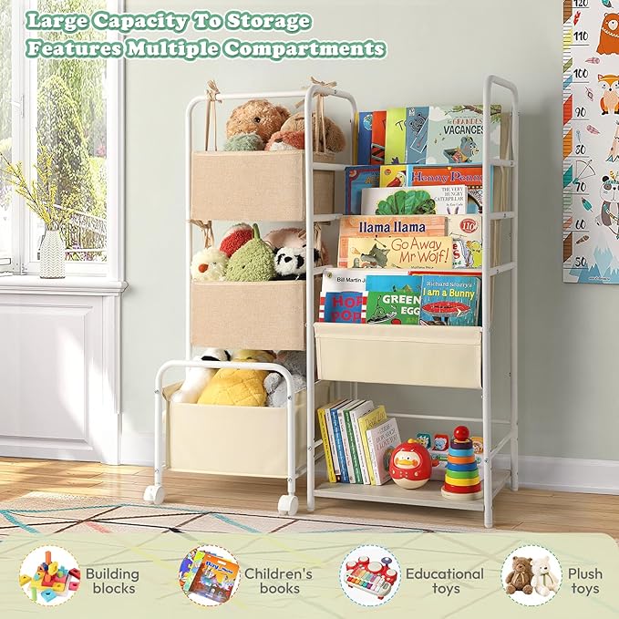 Kids Bookshelf and Toy Storage, Montessori Bookshelf, 4-Tier Baby Toddler Book Shelves, Bookshelf for Kids with Toy Storage Organizer, Book Shelf for Kids Rooms Nursery Playroom Classroom