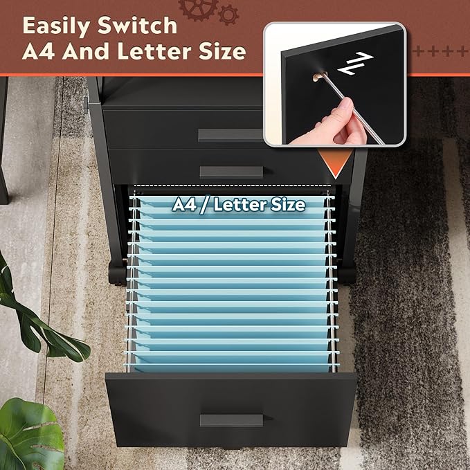 DEVAISE File Cabinet with Storage Drawers, Rolling Printer Stand with Adjustable Shelves, Wood Filing Cabinet for Home Office, Black