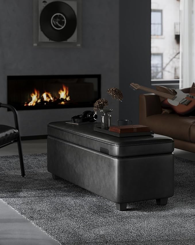 VASAGLE EKHO Collection - Storage Ottoman Bench, Entryway Bedroom Bench, 25 Gallons, Synthetic Leather with Stitching, Mid-Century Modern, Safety Hinges, Loads 660 lb, Ink Black ULOM075B01