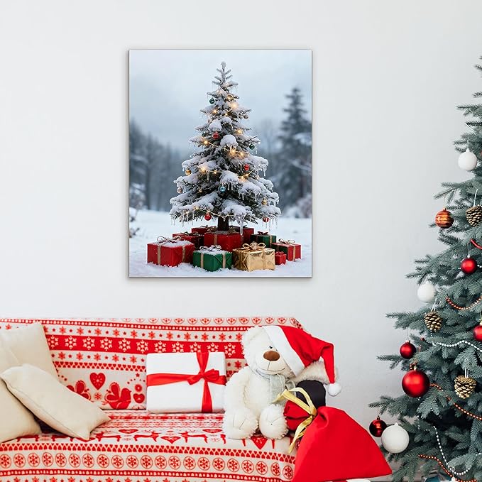 Framed Christmas Pictures Wall Decor,Vintage Pine Tree Prints,Winter Christmas Canvas Wall Art Decoration for Bedroom Bathroom Living Room Rustic Xmas Holiday Gifts (Christmas Tree 11, 12'' X 16'')