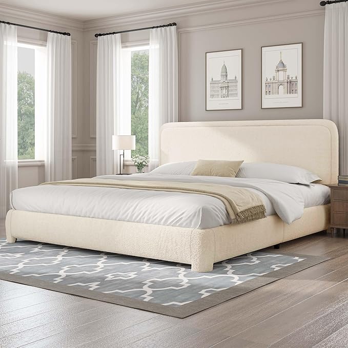 BarnFurin Boucle Upholstered California King Bed Frame/Soft Rounded Corners Headboard/Low Profile Bed Frame/No Box Spring Needed/Cream