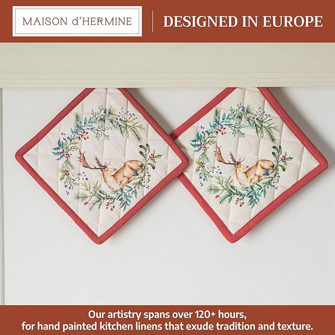 Maison d' Hermine Pot Holders Set 100% Cotton Heat Resistant Potholders 8" x 8" Hot Pads with Loop for Thanksgiving Christmas Decorations BBQ Cooking Baking Handling Hot Pans (Pack of 2, Holly Time)