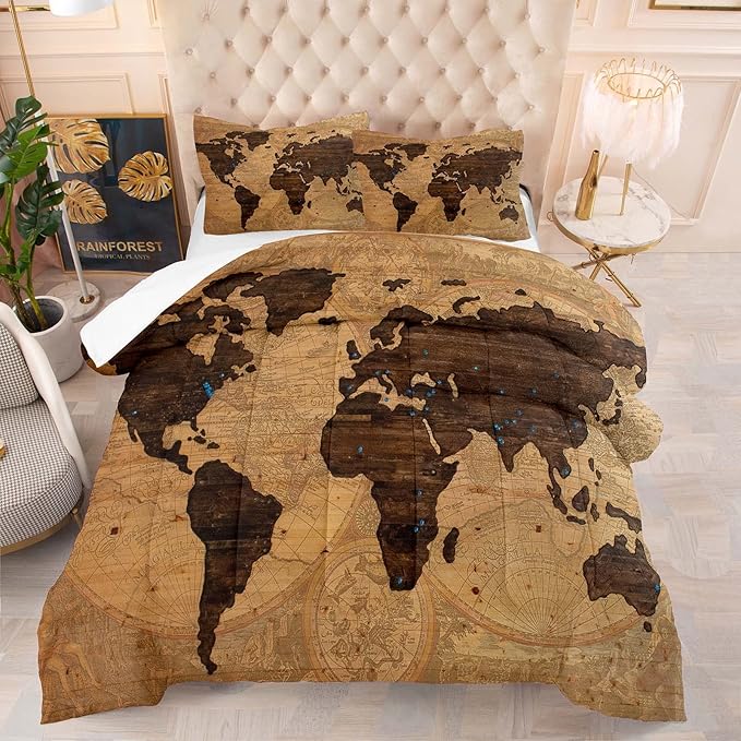 Tailor Shop World Map Comforter Set for Boys Girls Kids Teens ，Retro Yellow Vintage Nostalgic World Map Bedding Sets Queen Size 3 Pieces with 1 Comforter 2 Pillowcases