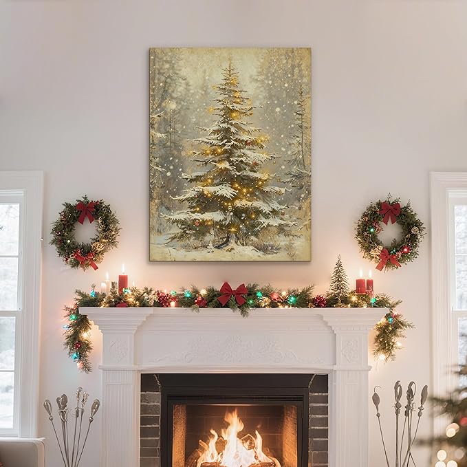 Framed Christmas Pictures Wall Decor,Vintage Pine Tree Prints,Winter Christmas Canvas Wall Art Decoration for Bedroom Bathroom Living Room Rustic Xmas Holiday Gifts (Christmas Tree 2, 20'' X 32'')