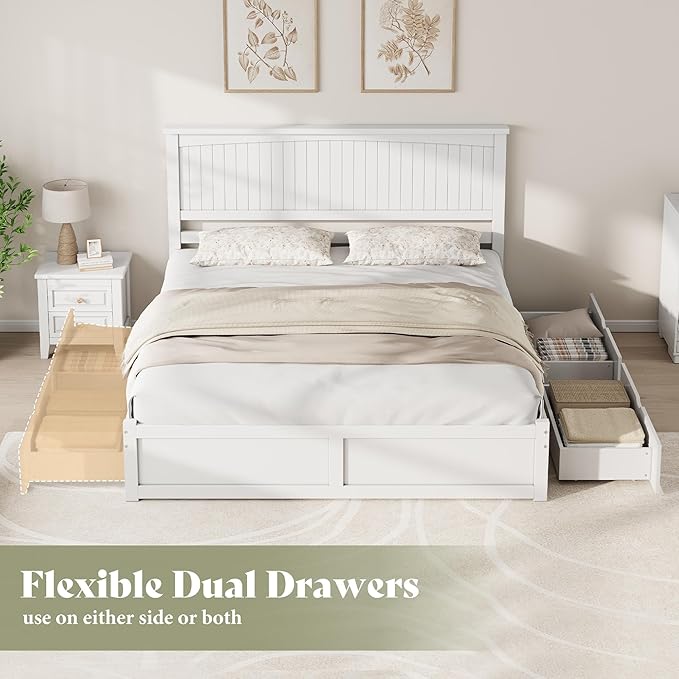 AMERLIFE Full Size Solid Wood Bed Frame with 50" Tall Headboard, Mid-Century Modern Bed with Storage Drawers, Wooden Platform Bed with 2 Drawers, No Box Spring Needed, White