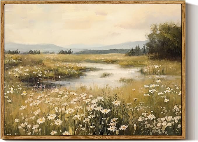 InSimSea Framed Canvas Wall Art Vintage Decor, Farmhouse Wall Decor for Living Room Bedroom Office Bathroom, Spring Landscape Wildflower Field Oil Painting Prints, Home Desk Decorations, 12x16inch
