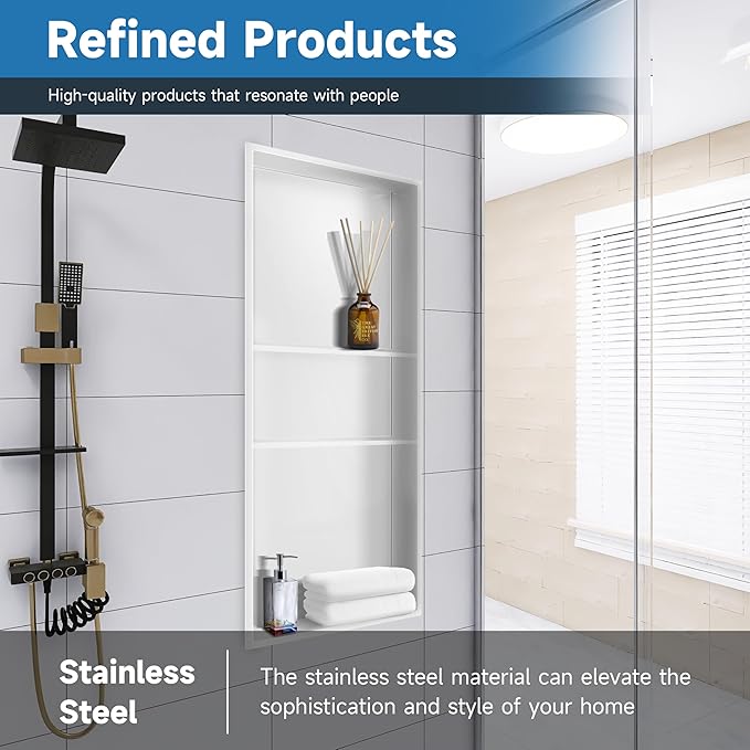 12" X 30" Shower Niche Insert Tile Ready, Niche for Shower Wall, 3-Tier Stainless Steel Recessed Shelves No Tile Needed for Bathroom Storage, White