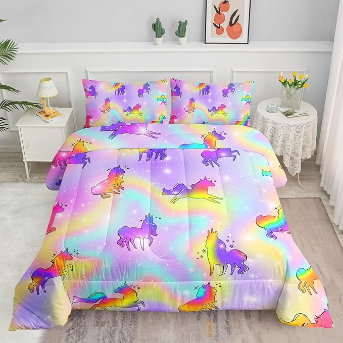 Unicorn Rainbow Comforter Bedding Set for Girls Kids Children Teens,Sky Glitter Star Colorful Bedding Set with 1 Comforter and 2 Pillowcases(Unicorn3 Full)