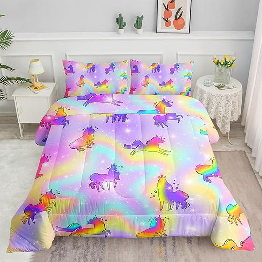 Unicorn Rainbow Comforter Bedding Set for Girls Kids Children Teens,Sky Glitter Star Colorful Bedding Set with 1 Comforter and 2 Pillowcases(Unicorn3 Full)