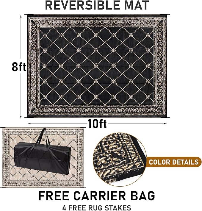 Outdoor Rug 8'x10' for Patios Waterproof Patio Rugs Outdoor Mats for Front Porch,Beach Mat,Reversible Plastic Straw Camping Rugs for Outside RV,Deck,Balcony,Backyard，Black&Beige