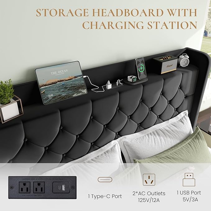 SHA CERLIN King Size Platform Bed Frame with Charging Station, Velvet Wingback Headboard with Storage Shelf, Wooden Slats Support, Ample Under-Bed Space, No Box Spring Needed, Easy Assembly, Black