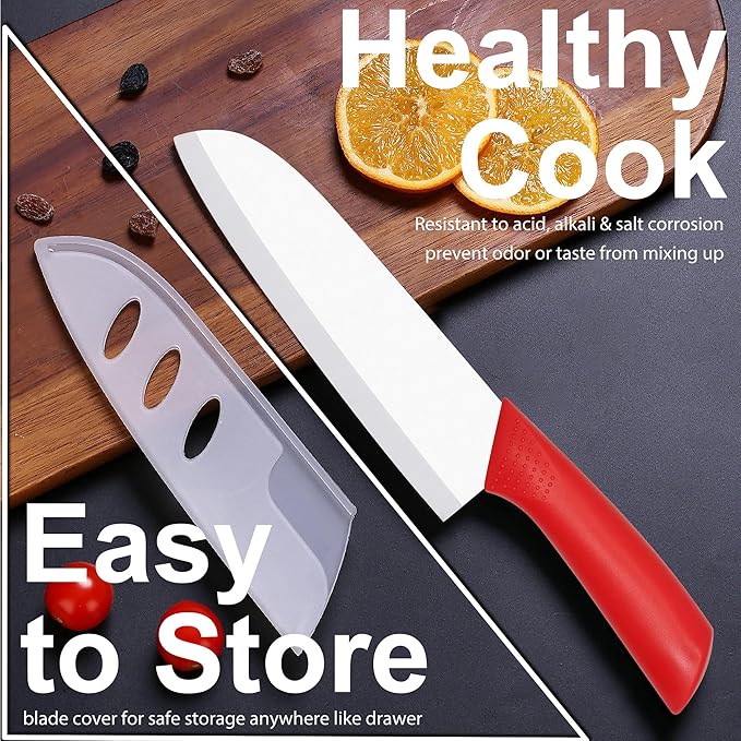 Ceramic Knife - 7 inch Chef's Santoku Knife - Sharp Ceramic Kitchen Knife with Sheath Cover