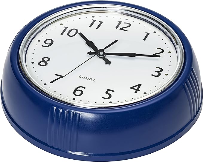 Bernhard Products Retro Wall Clock 9.5 Inch Navy Blue Kitchen 50's Vintage Design Round Silent Non Ticking Quality Quartz Battery Operated Easy to Read Decorative Clocks for Home Office Living Room