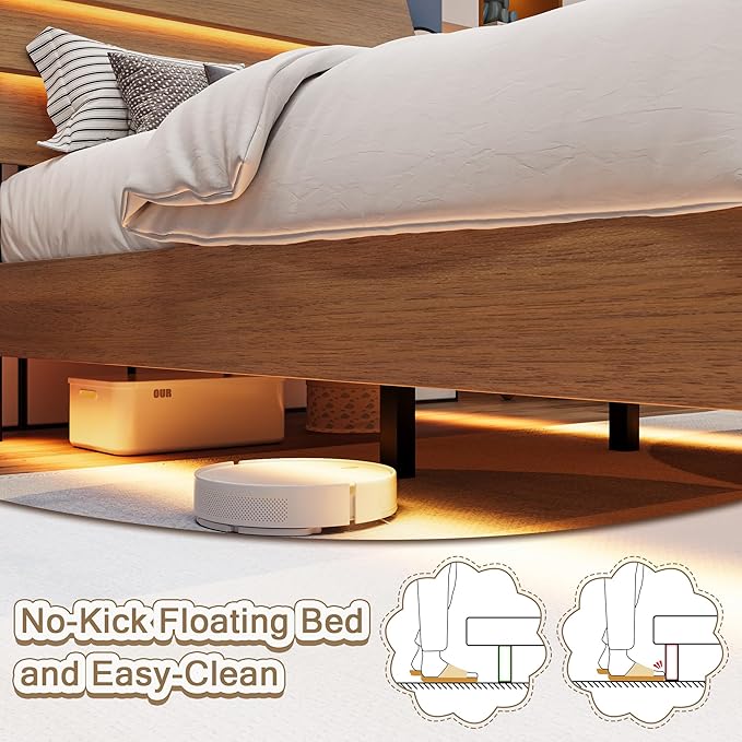 Twin Bed Frames with LED Light and Charging Station, Floating Wooden Bed Frame, Heavy Duty Metal Slats, No Box Spring Needed, Noise Free, Easy Assembly, Walnut