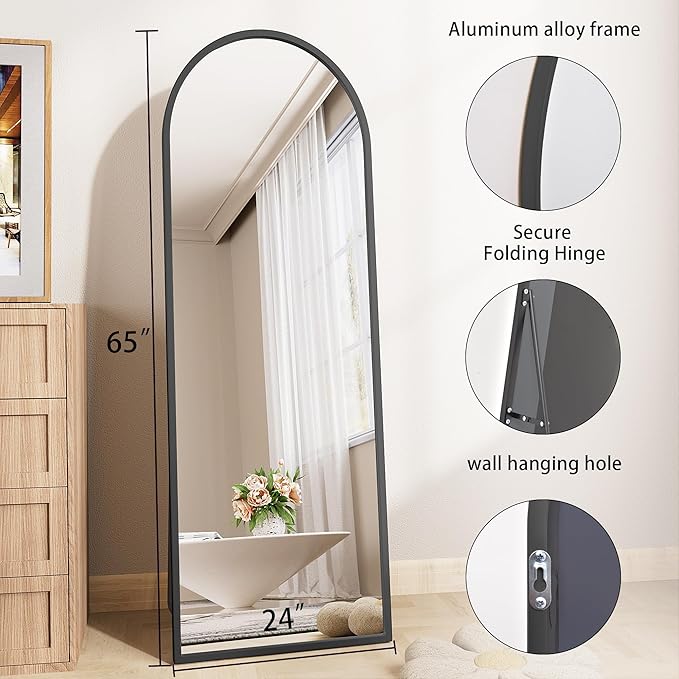 Full Body Mirror,65"x24" Standing Mirror,Nanometre Arched Full Length Mirrors,espejos para dormitorio,Full Size Mirrors (Black)