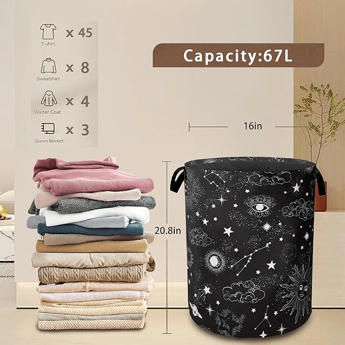 Mystical Sky Collapsible Laundry Baskets,Sun Stars Laundry Hamper,Storage Basket with Handles for Bathroom Bedroom College Dormitory Living Room Nursery Organizer 16"x20"